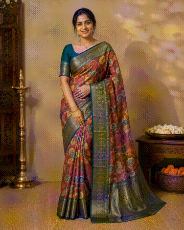 Bapta Silk with Kalamkari Print Saree - Blue Border Body Rust