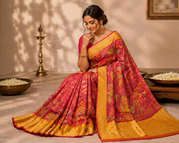 Bapta Silk with Kalamkari Print Saree - Yellow Border Body Red