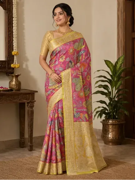 Katan silk with Block Print Saree - Image 4