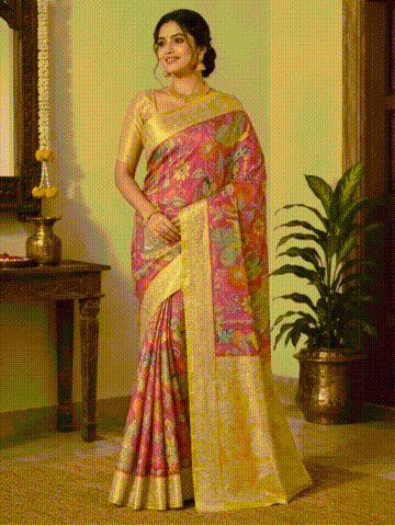 Katan silk with Block Print Saree