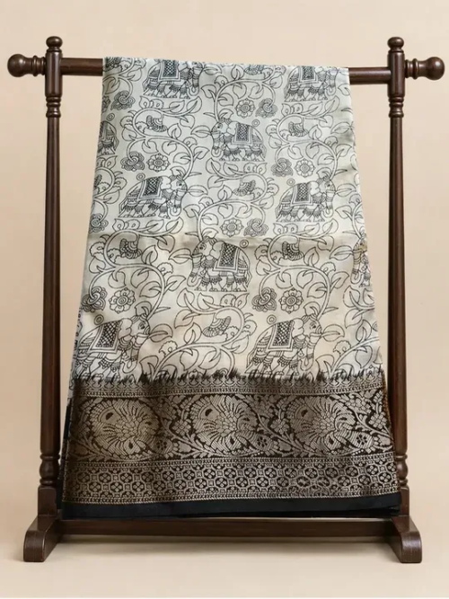 Semi silk with Black white print with Zari Par 1435 Saree