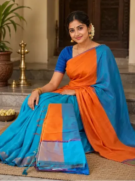 Handloom Tunte orange Saree - Image 4