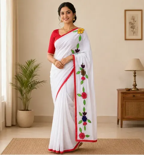 Red Border White Body with red Applik Saree - Image 4