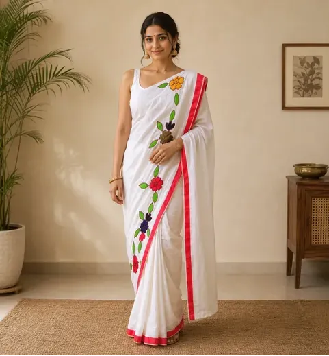 Red Border White Body with red Applik Saree - Image 3