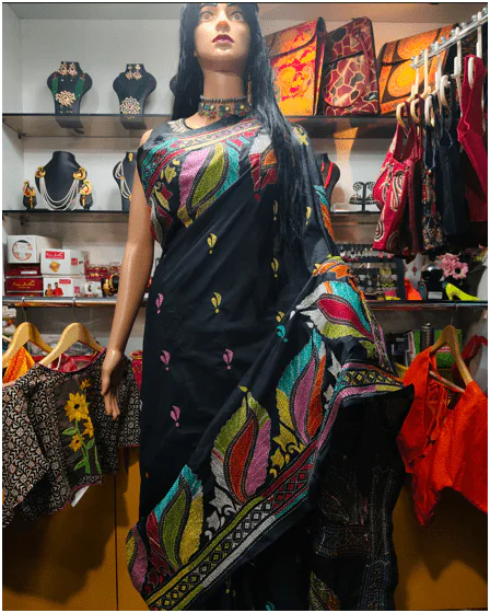 Black Kantha Multi work Saree - Image 2