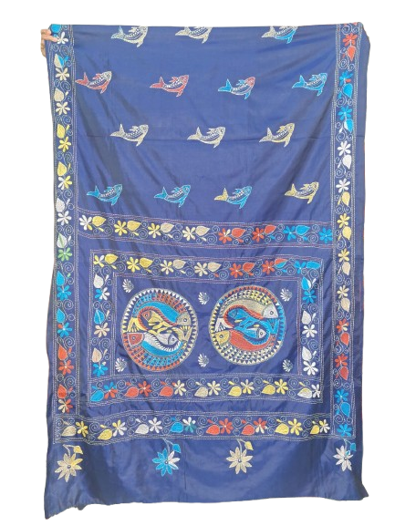 Kantha on Blended Art Silk with multi colour thread - Navy Blue