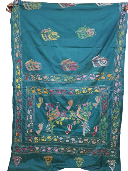 Kantha on Blended Art Silk with multi colour thread Aqua Green