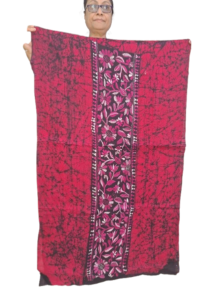 Three piece Churidar Set with Kantha on Batik Not stitched Red colour