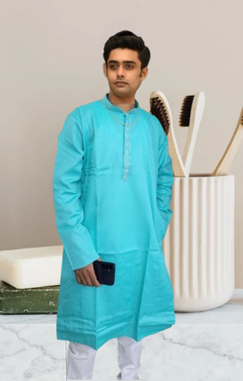 Woven Embroidary cotton Punjabi Single Blue colour - Image 3