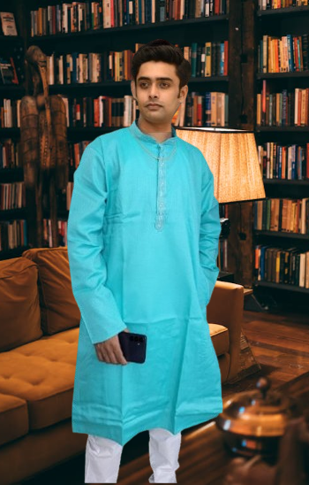 Woven Embroidary cotton Punjabi Single Blue colour - Image 4