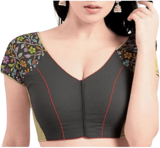 Black with multi colour round neck Kantha Stitch Blouse - Image 2