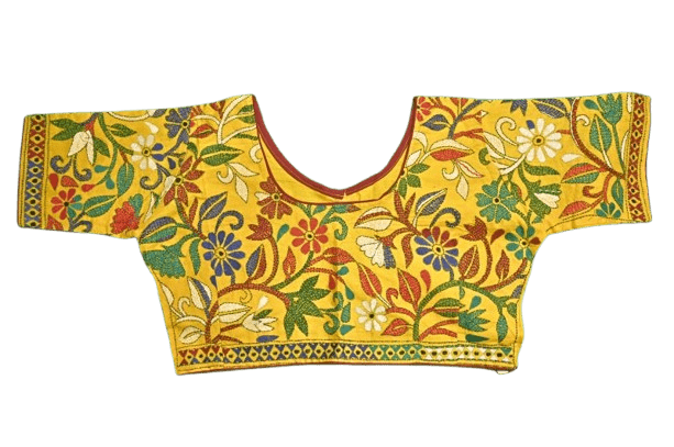 Yellow with multi colour round neck Kantha Stitch Blouse - Image 7