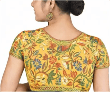 Yellow with multi colour round neck Kantha Stitch Blouse - Image 6