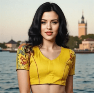 Yellow with multi colour round neck Kantha Stitch Blouse - Image 4