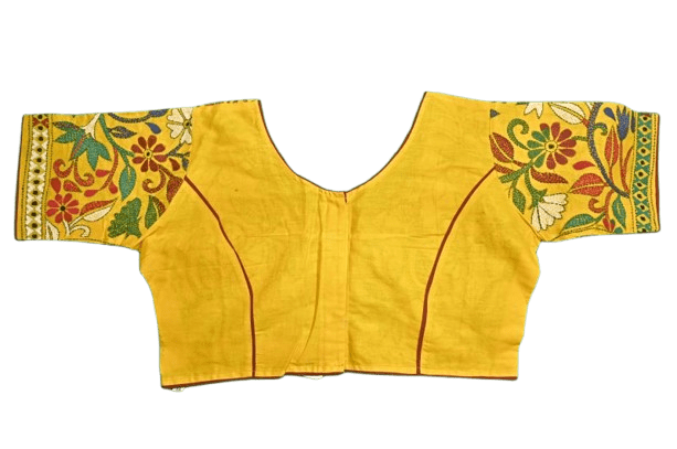 Yellow with multi colour round neck Kantha Stitch Blouse - Image 8