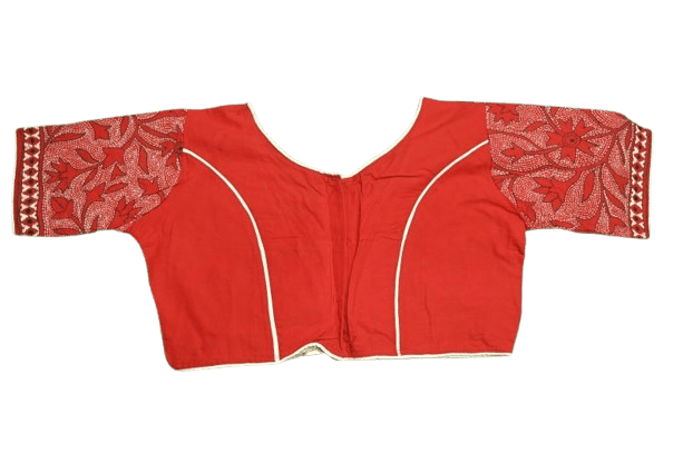 Red round neck Kantha Stitch Blouse - Image 4
