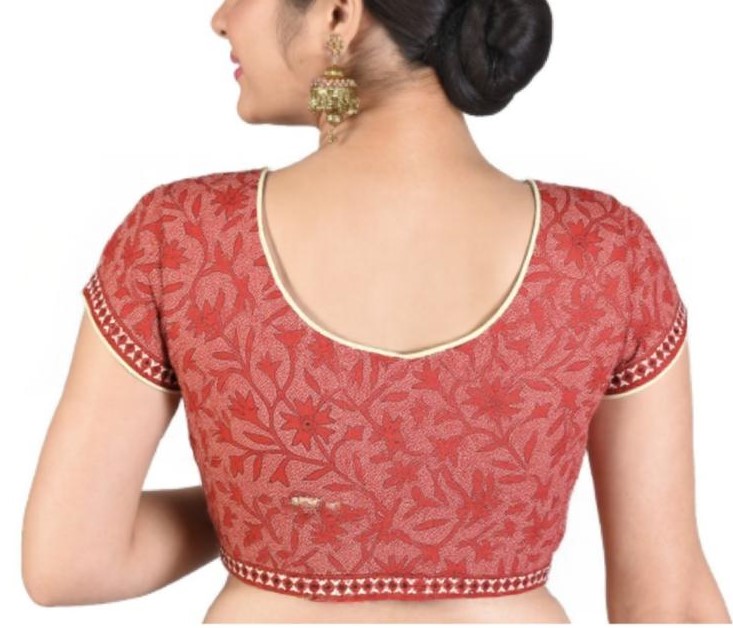 Red round neck Kantha Stitch Blouse - Image 5