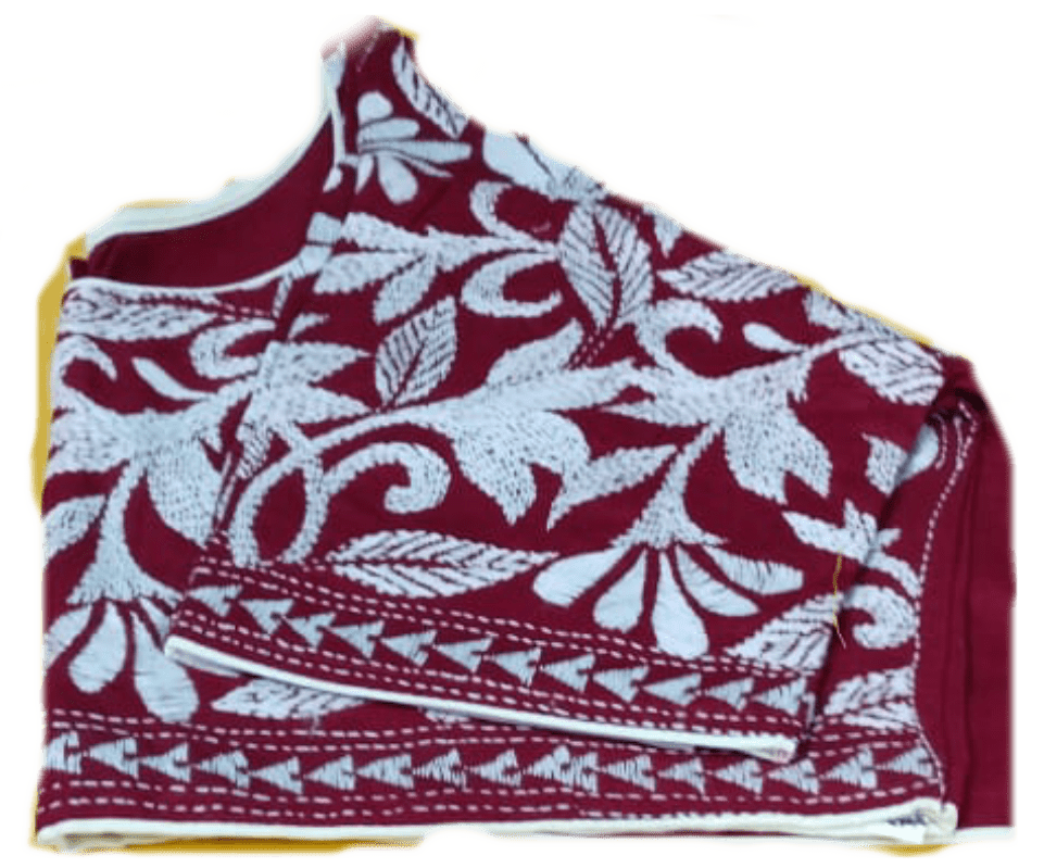 Maroon Round neck with white Kantha stitch Blouse - Image 2