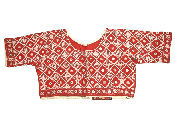 Gujrati Red with White Kantha Stitch Blouse - Image 7