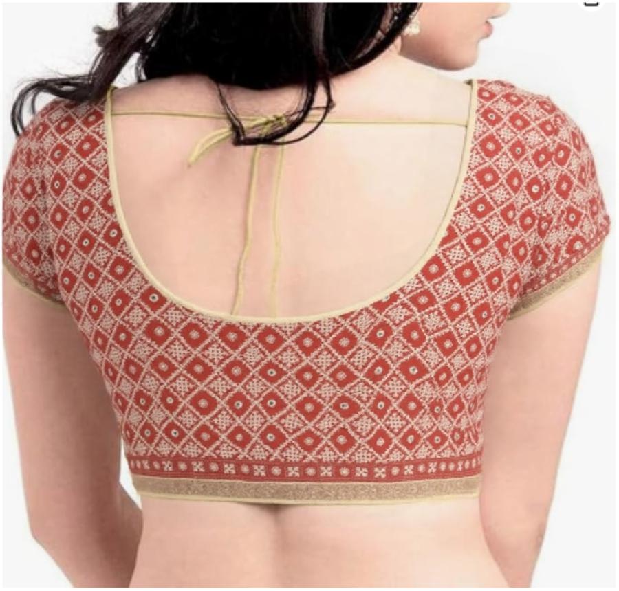 Gujrati Red with White Kantha Stitch Blouse - Image 4
