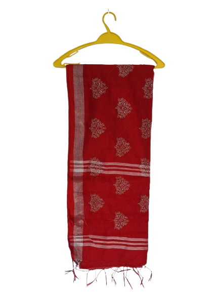 Linen with tree motif embroidary red saree