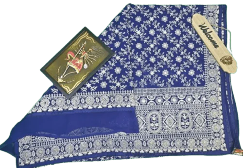 Chikankari blue with white thread design saree