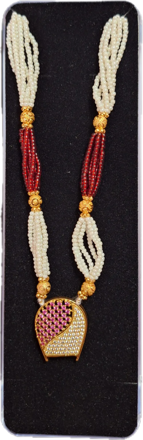 Pearl Necklace with AD Kulo Pendant with Green Beads Gold Plated