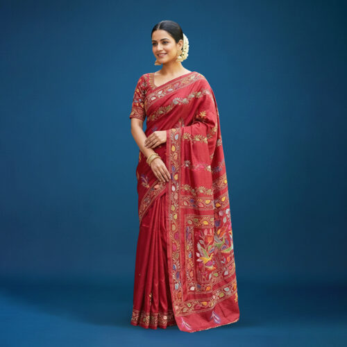 Kantha on Blended Art Silk with multi colour thread Maroon