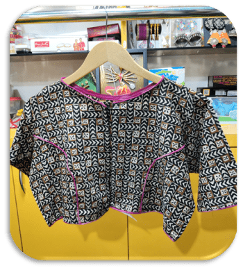 Brown Ajrak with Sun Flower Boat Neck embroidery Blouse - Image 3