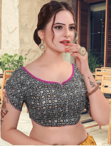 Brown Ajrak with Sun Flower Boat Neck embroidery Blouse - Image 5