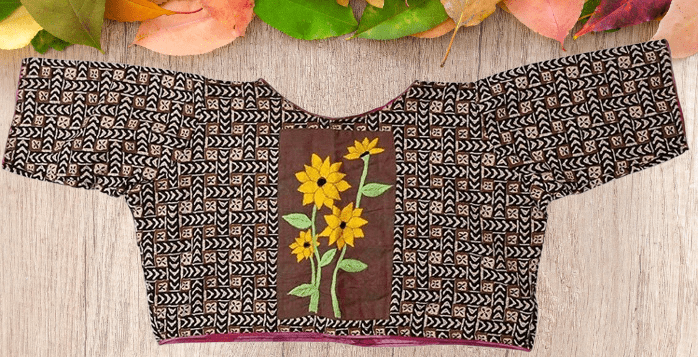 Brown Ajrak with Sun Flower Boat Neck embroidery Blouse - Image 2
