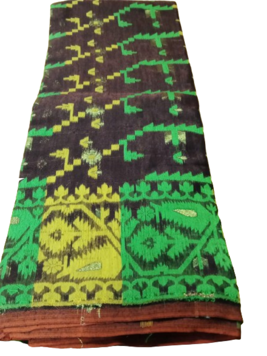 Brown with Yellow and Green Jamdani saree - Image 2