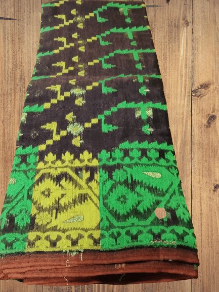 Brown with Yellow and Green Jamdani saree - Image 3