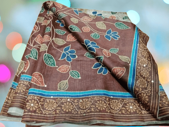 Manipuri Silk Saree with Kantha stitch Chocolate Maroon colour with Peacock emobroidery Kantha design - Image 5