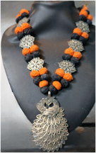 Necklace with Double Mala Mayur design Black and Orange color - Image 3