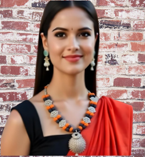 Necklace with Double Mala Mayur design Black and Orange color - Image 2