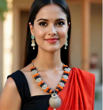 Necklace with Double Mala Mayur design Black and Orange color