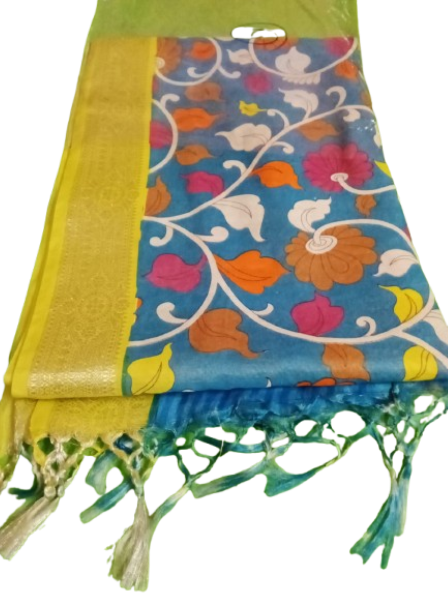 Soft Silk Saree Tunte blue Kalamkari print with yellow jari Par - Image 2