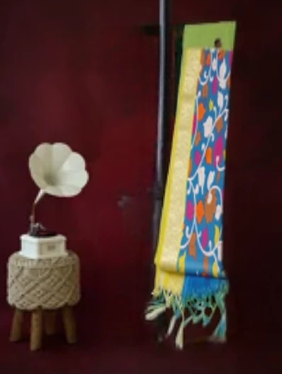 Soft Silk Saree Tunte blue Kalamkari print with yellow jari Par - Image 3