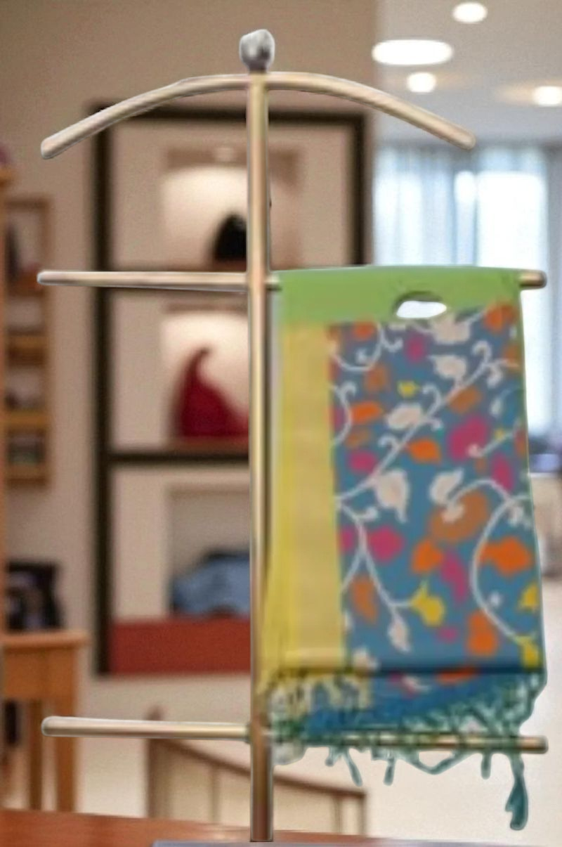 Soft Silk Saree Tunte blue Kalamkari print with yellow jari Par - Image 4