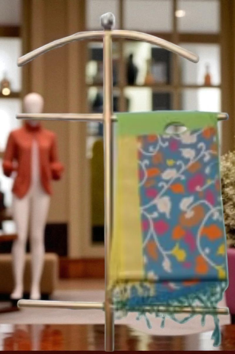 Soft Silk Saree Tunte blue Kalamkari print with yellow jari Par - Image 5