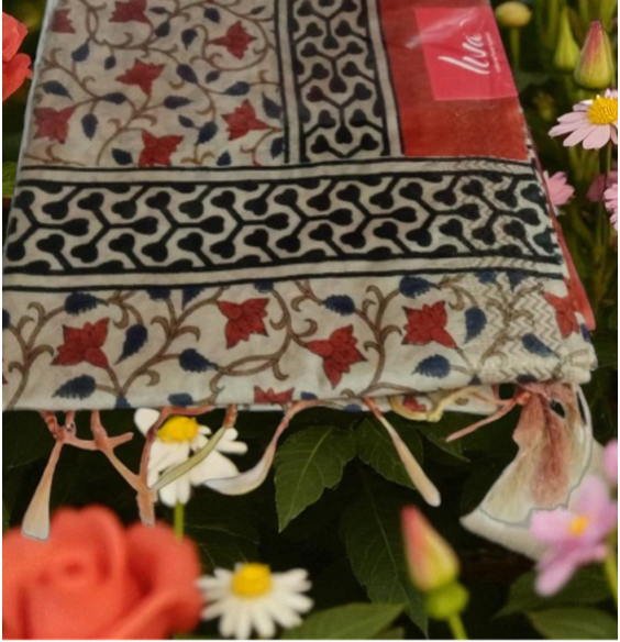 Maheswari Dhabu Saree with Cream colour and Red Jaal print - Image 2