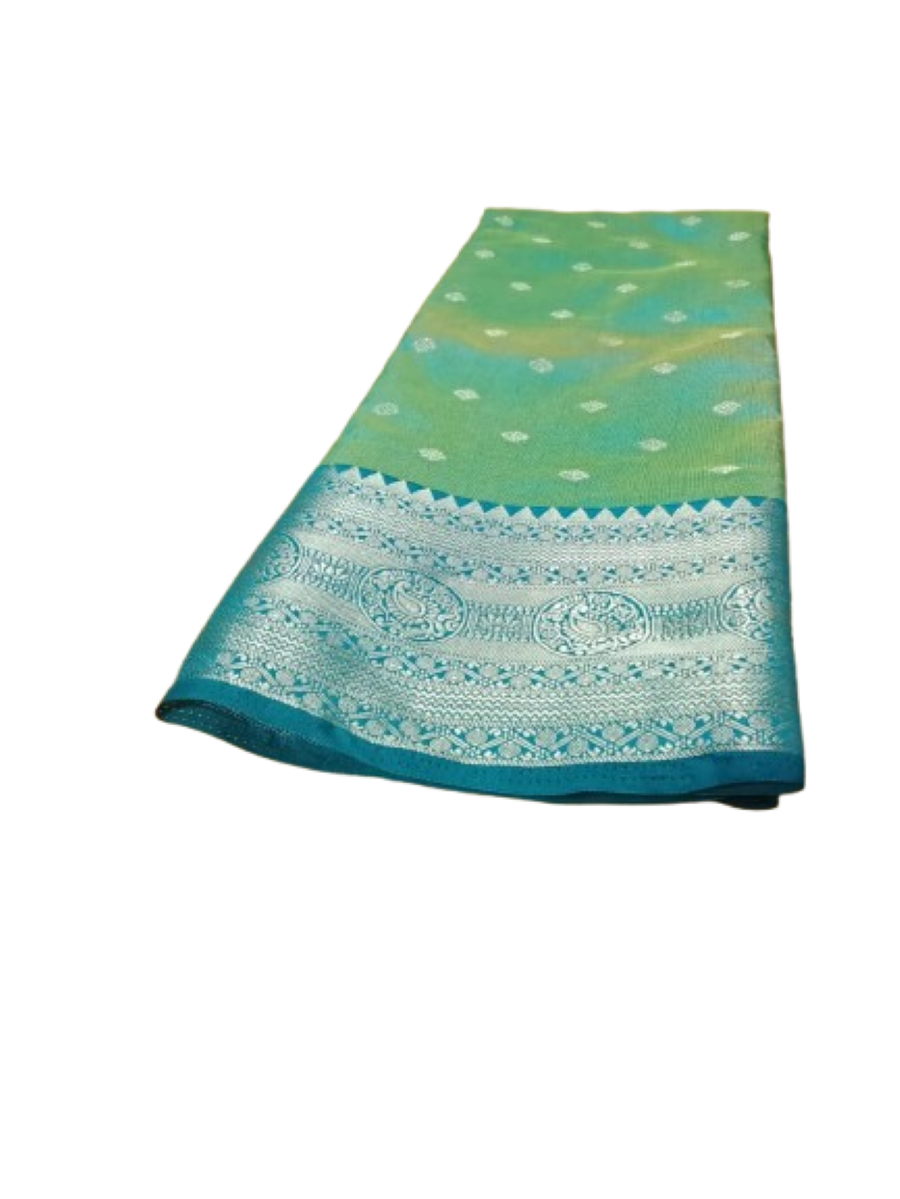 Semi Silk Saree with RUPALI SILVER BUTA Tunte with green dual tone - Image 4