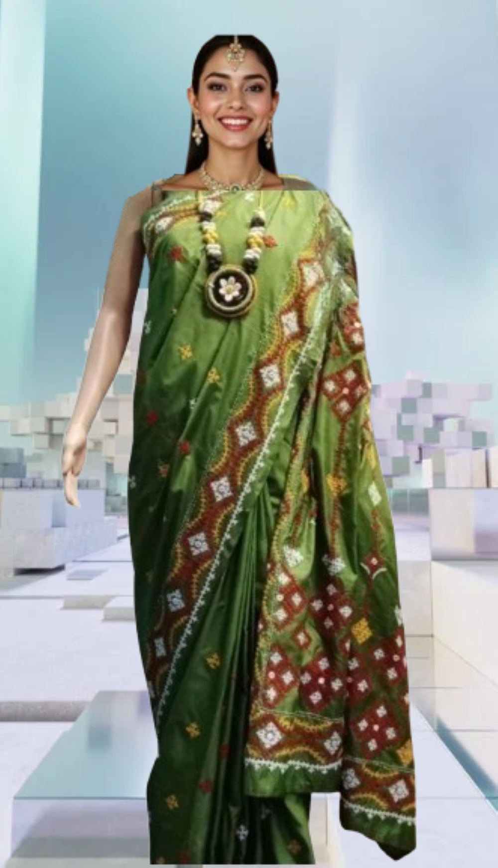 Mirror Gurjari Kaj Green Saree - Image 8