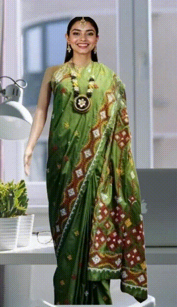Mirror Gurjari Kaj Green Saree