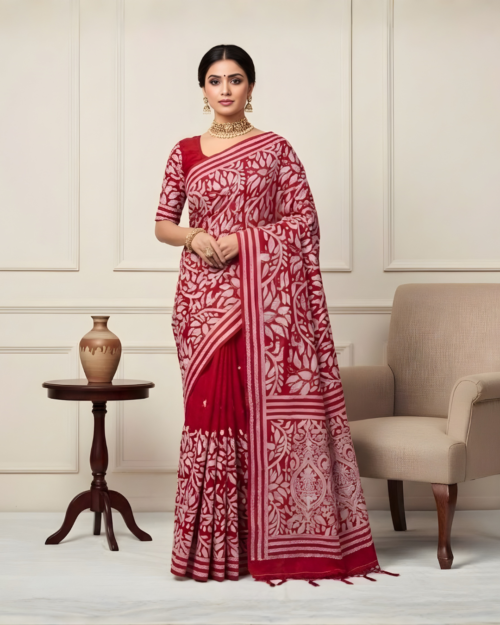 Art Silk Allover Kantha Stitch Saree Red with White Thread