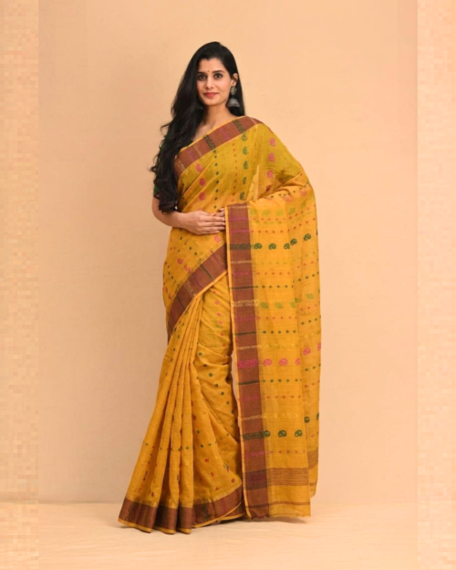 Dhakai SUEM Yellow with Rani Print Jamdani Saree