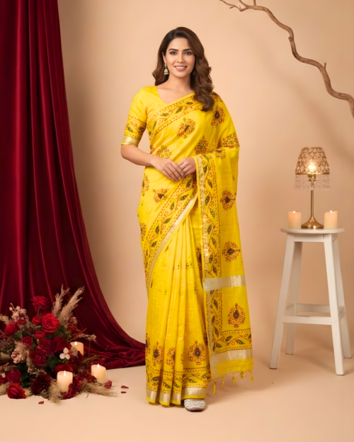Handloom SADN Yellow Printed Saree