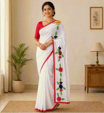 Red Border White Body with red Applik Saree