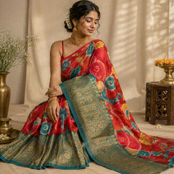 Bapta Silk with Kalamkari Print Saree - Green Border Body Orange